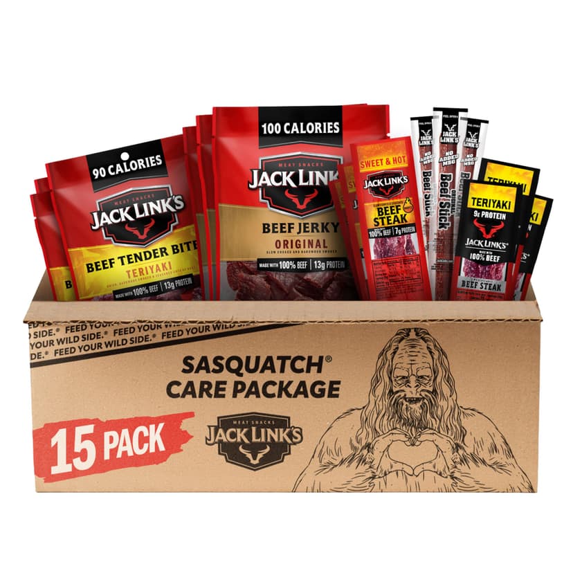Jack Link's Beef Jerky Variety Pack Gift Basket - 15 Pack - Assorted Jerky, Steaks, and Meat Sticks - Ready to Eat Protein Snacks - Made with 100% Real Beef