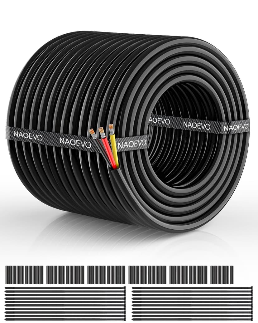 NAOEVO 14 Gauge Wire 3 Conductor, 14 Gauge Automotive Wire 12V Cable, 100FT | Tinned Copper 14 AWG Wire, 14/3 Low Voltage Cable, Flexible Stranded Electrical Wire for Automotive, Marine, Speaker, Ligh