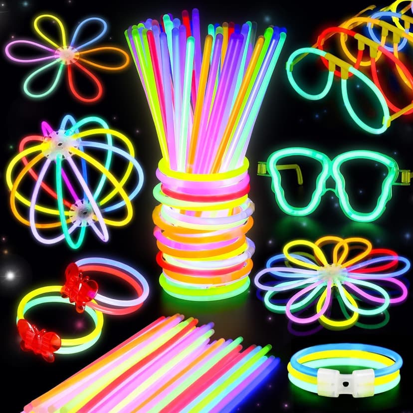 BUDI 467Pcs Glow Sticks Party Favors for Kid Adult Halloween Toys Bulk Pack | 8 Inch 8 Color 200 GlowSticks with Connectors for Bracelets Necklaces Glasses, Glow in the Dark Party Supplies Neon Decors