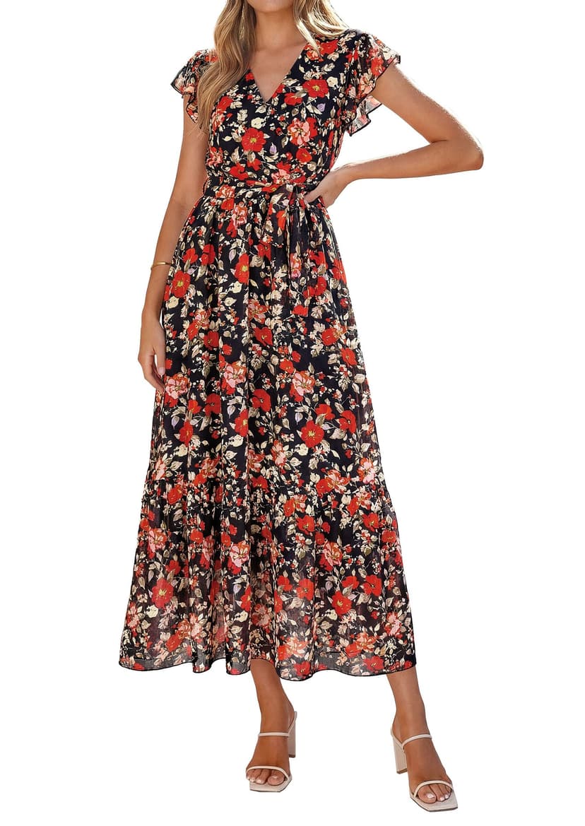 PRETTYGARDEN Women's Summer Floral Boho Maxi Dress Short Sleeve Wrap V Neck Ruffle Long Flowy Beach Wedding Guest Dresses