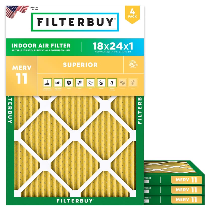 Filterbuy 18x24x1 Air Filter MERV 11 Pet & Allergy Defense (4-Pack) | Electrostatic Pleated HVAC AC Furnace Filters Replacement, Made in USA (Actual Size: 17.38 x 23.38 x 0.75)