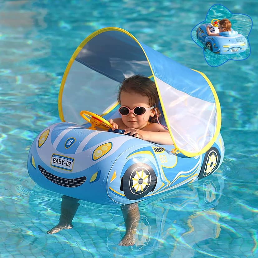 Baby Pool Float with 3D Car Design, PVC Baby Swim Float, Toddler Pool Float, Swimming Floats Seat Boat Pool Toys with Steering Wheel for 12-18, 12-24 Months, Age 2-3, 3+ Years Girl Boy
