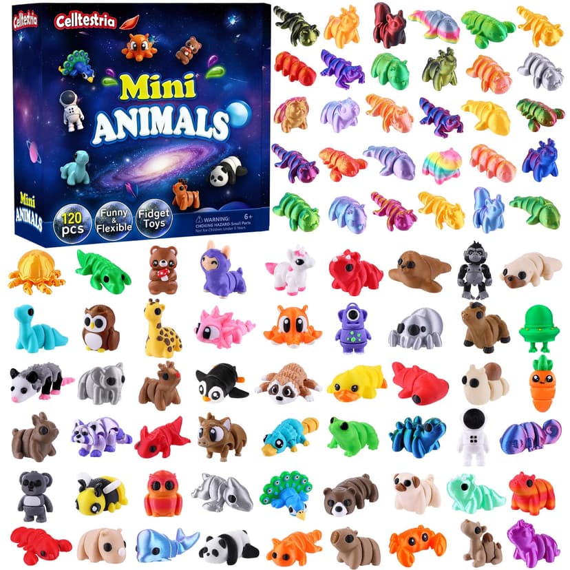 Celltestria 120Pcs 3D Printed Animals Figurines Articulated Fidget Toys | Mini 3D Printed Figurines for Goodie Bags Classroom Prize Rewards Party Favors Gifts Exchange
