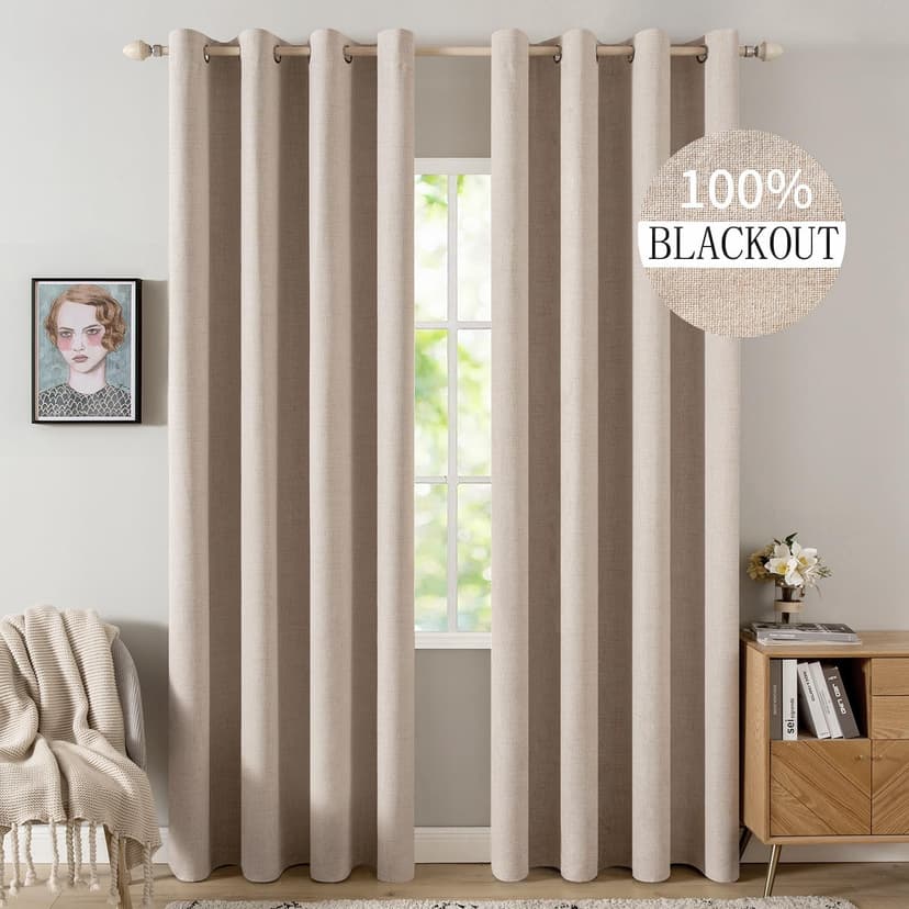 MIULEE 100% Blackout Linen Curtains for Bedroom 52x72 Inches Natural Beige | Room Darkening, Light Blocking, Thermal Insulated, Grommet Top, Linen Textured, Window Curtains for Living Room, 2 Panels