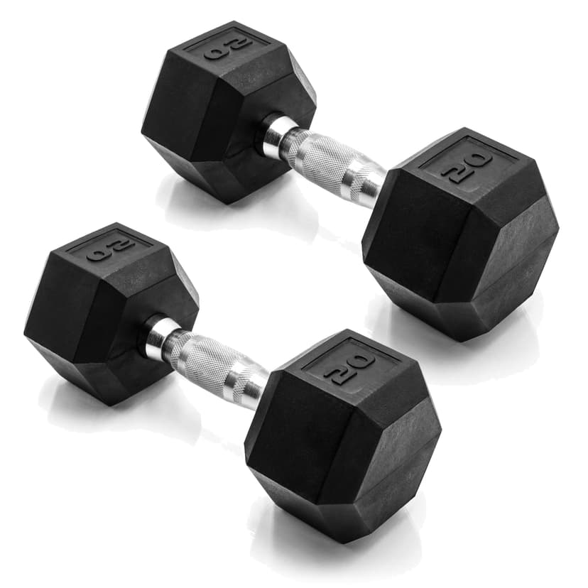 CAP Rubber Coated Dumbbell Weights, Free Weights for Home Gym Strength Training, Anti-Roll Hex Dumbbells with Black, Chrome & Comfort Grip Handles, Pairs & Sets