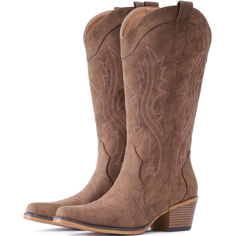 IUV Cowboy Boots For Women Western Cowgirl Boots Mid Calf Snip Toe | Chunky Heel Ideal for low insteps