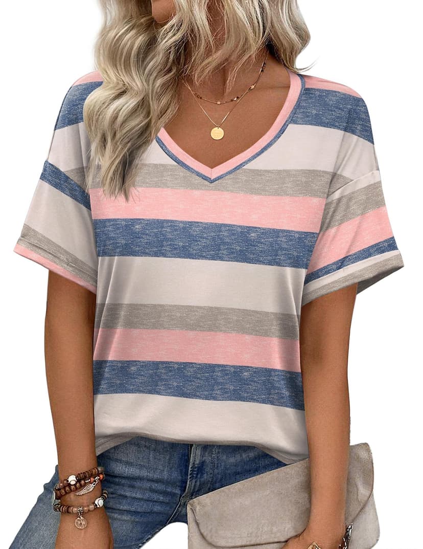 Zeagoo Womens Summer Tops Short Sleeve Casual Shirts Floral Tee Trendy 2026 Basics V Neck Plain Tshirt