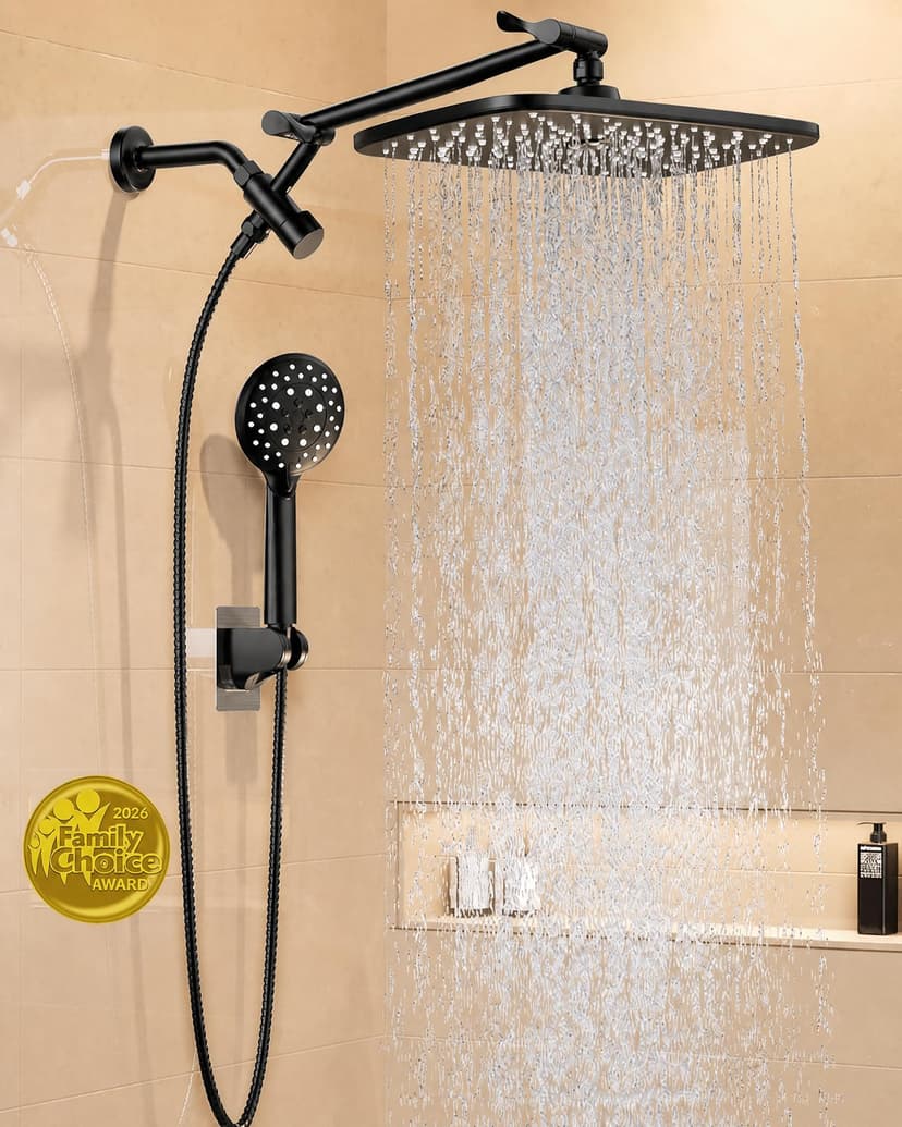 Veken 11.8" High Pressure Shower Head with Handheld, Metal Core Fittings | Handheld Shower Heads with Multi Spray Modes, Rainfall Combo, Detachable Dual Shower, Bathroom Decor, Leak-Proof, Matte Black