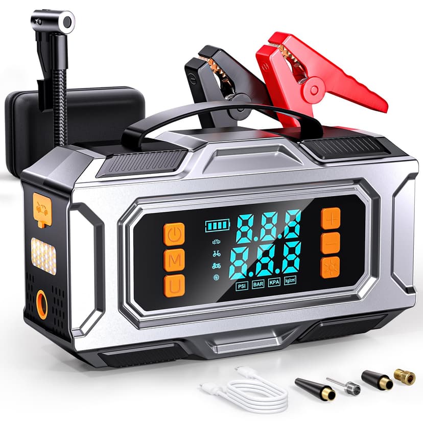 Jump Starter with Air Compressor, 8000A Car Battery Jump Starter (9.0 Gas/8.0L Diesel), 180PSI Car Battery Jumper Starter Portable 12V Jump Box with Jumper Cables, LED Light, Power Bank, LCD Display