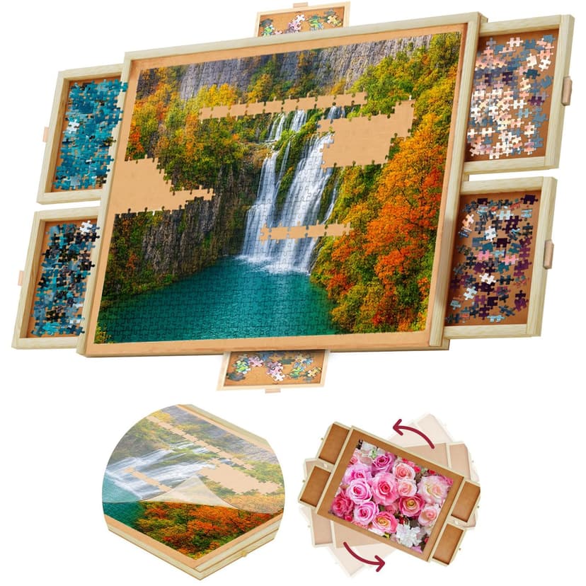 1500 Piece Wooden Jigsaw Puzzle Board - 6 Drawers, Preassembled Rotating Puzzle Table | 35” X 28” Jigsaw Puzzle Board | Puzzle Cover Included - Portable Tables for Adults and Kids | 6 Drawers, Preasse