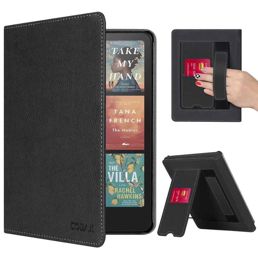 CoBak Case with Stand for Kindle Paperwhite 12th Gen 2024 Released (7") & Kindle Colorsoft Signature Edition - Durable PU Leather Cover with Auto Sleep Wake, Card Slot, Hand Strap Feature, Black