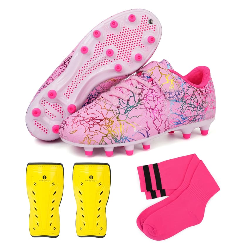 brooman Kids Firm Ground Soccer Cleats Girls Football Cleats with Shin Guards and Soccer Socks