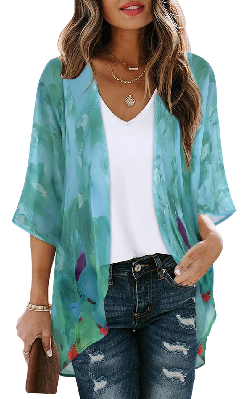 Women's Floral Print Puff Sleeve Kimono Cardigan Loose Cover Up Casual Blouse Tops 2026