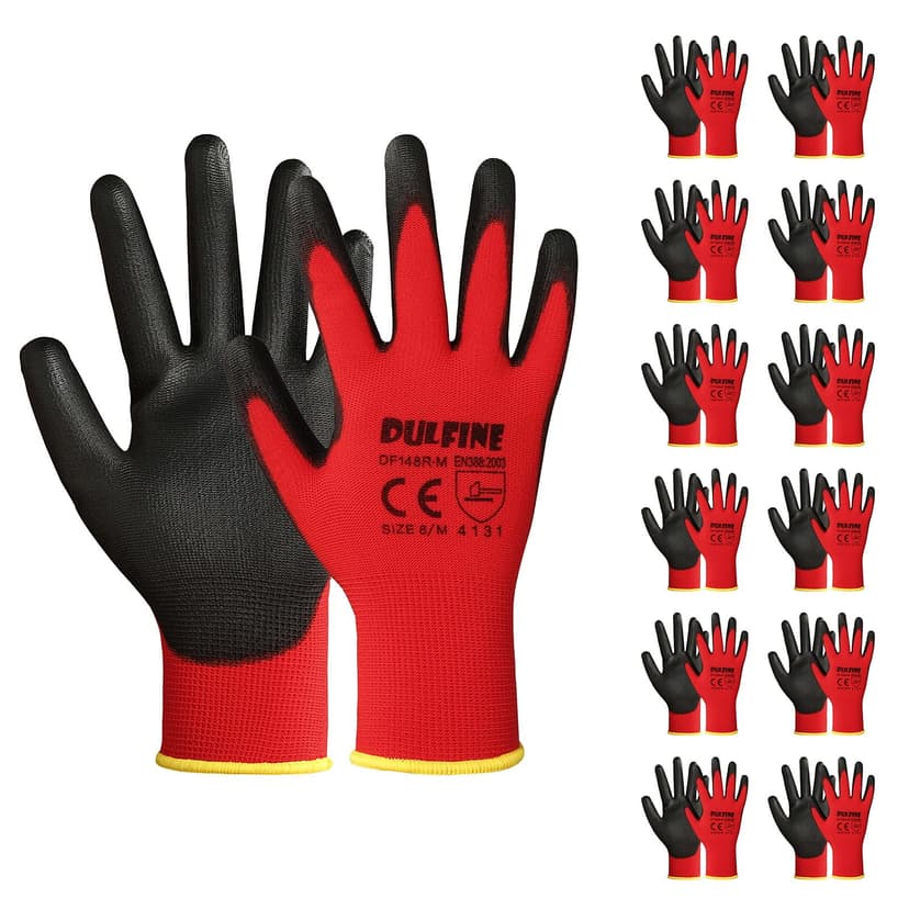 DULFINE Safety Work Gloves for Men & Women 12 Pairs, PU Coated Red XL | Seamless Knit, Smooth Grip on Palm & Fingers, Ideal for General Duty Work, Landscaping, Mechanic, Warehouse, Construction