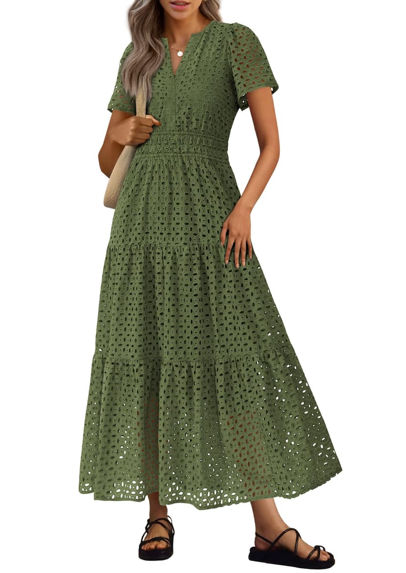 PRETTYGARDEN Women's Summer Hollow Out Eyelet Maxi Dress | Boho Dresses, Smocked Waist, Short Sleeve, V Neck, A-Line, Long Flowy Dress, Party Wedding Guest, Beach Vacation Outfits