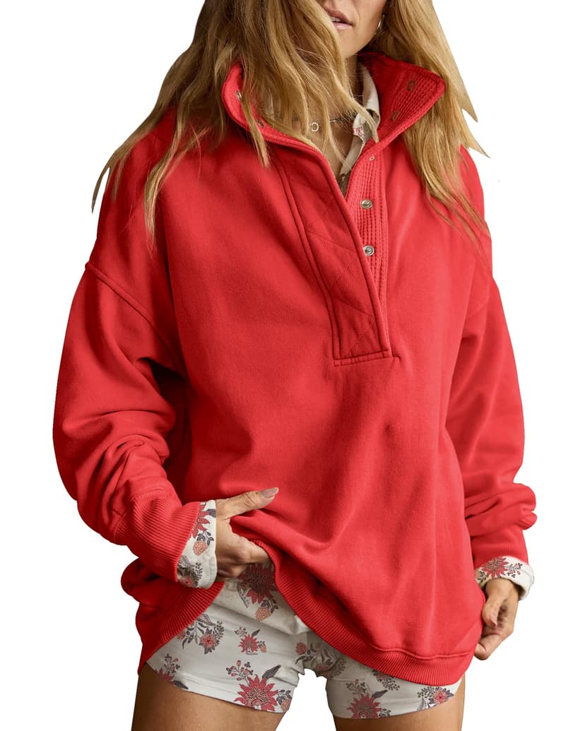 Gacaky Sweatshirt for Women Oversized Henley Neck Pullover Top Fall Outfits | Oversized Silhouette, Quilted Placket Detail, Henley Sweatshirt, Comfort Soft Sweaters, Fall Winter Fashion Outfits Clothe