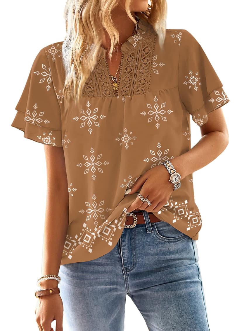 Falechay Womens Tops Boho Flowy Shirts Dressy Casual Short Sleeve Blouses | V Neck Loose Fit Blouses, Business Work, Hide Tummy, Lace Ladies Summer Outfits, Swiss Dot, Babydoll Crochet Clothes XS-6XL
