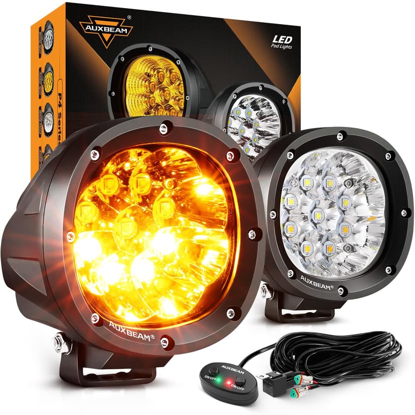 Auxbeam P4 Series Round LED Pods 4-Inch Amber White Strobe Lights 2-Pack | Dual Color Fog Lights, 6 Modes Light Bar, Flashing Warning Emergency, 90W Spot Offroad Lights, for 4x4 Car Truck ATV UTV