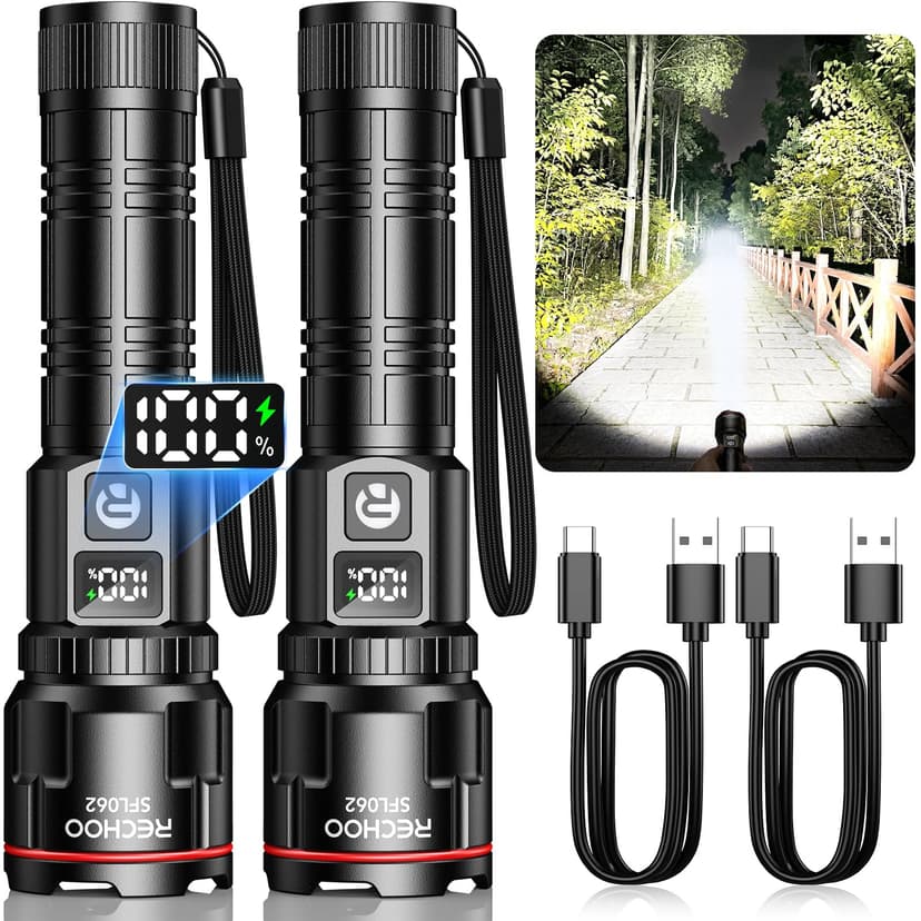 RECHOO Rechargeable Flashlights 2 Pack, Super Bright High Lumens LED Flashlight with LCD Digital Display, 3 Lighting Modes & Zoomable Torch Lights for Home Camping Hunting Emergency