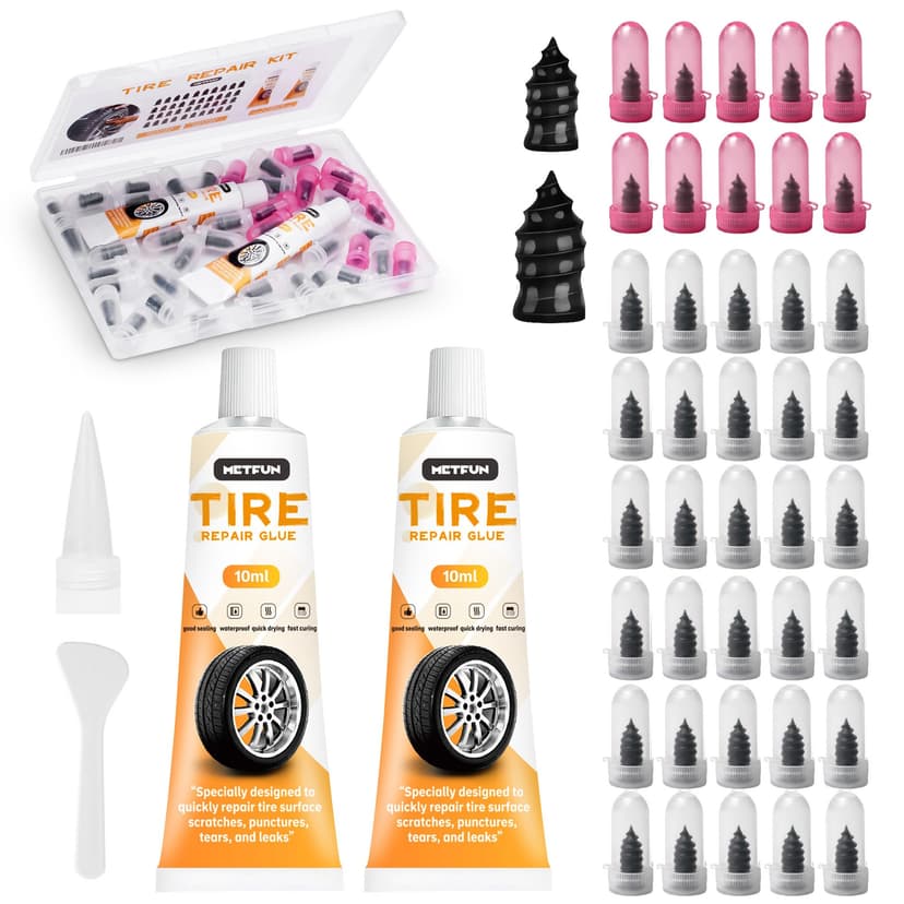 MetFun 40 PCS Quick Fix Screw-in Tire Plug Kit with 2 Tubes of Sealant Glue | Fast Self-Sealing Tire Repair Screws, Tire Repair Rubber Nail Kit for Car Motorcycle Truck SUV ATV Tractor Puncture Repair