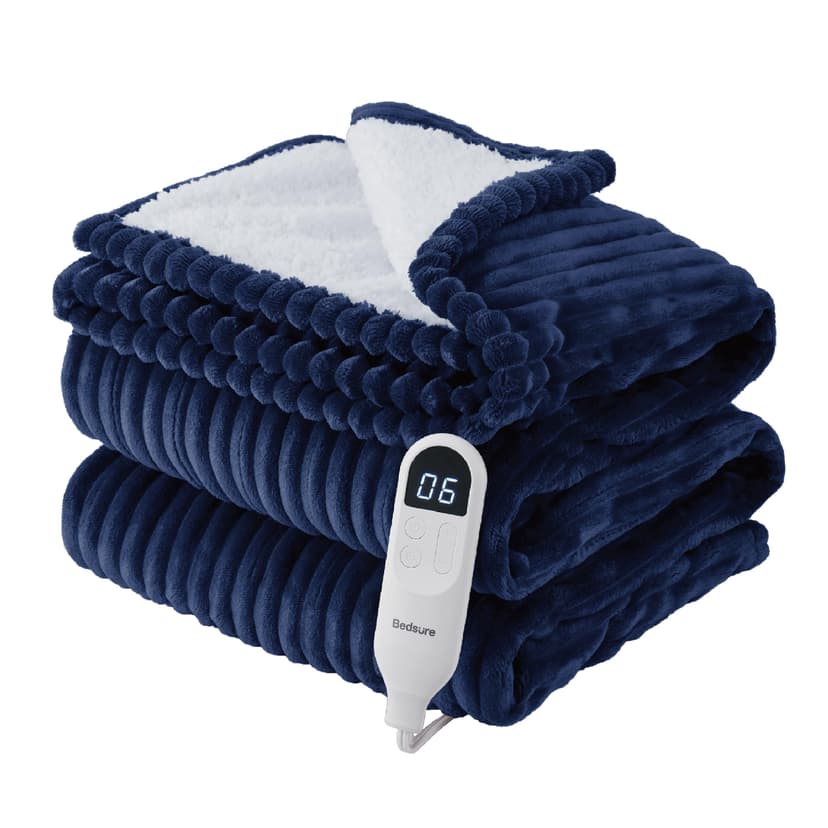 Bedsure Ribbed Electric Blanket Full, Navy Heated Blanket, Preheat | Fast Heating, 6 Heat & 6 Timer (Up to 10H) Settings, 8 Hours Auto-Off, ETL & FCC, Flannel Sherpa, Gifts for Grandma, 72"x84"