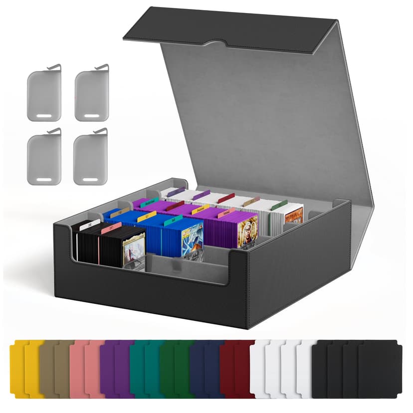 UAONO Trading Card Storage Box, Holds 2400 Sleeved Cards with 24 Dividers & 4 Stoppers, Magnetic Closure PU Leather Card Case for MTG, PTCG, YGO, Sports Cards (Black&Gray)