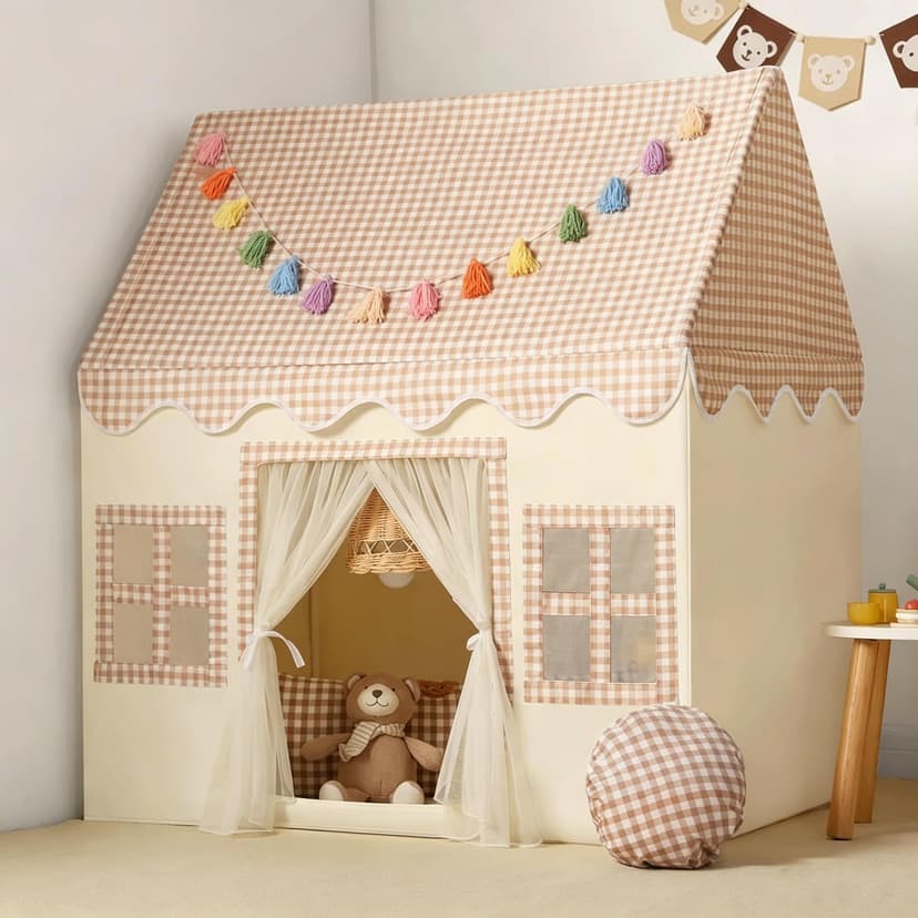 Senodeer Kids Play Tent Indoor: with Brown Checkered, Mat, Rainbow Tissue Garland - Girl Tent Indoor Playhouse for Girls Kids Toys for Boy Girl BAirthday for Kids Gift