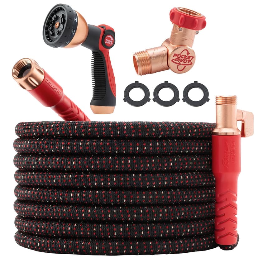Pocket Hose Ballistic 100 FT Expandable Garden Hose, No-Kink, As Seen on TV | Anti-burst sleeve reinforced with bulletproof fiber, UV-protected, lightweight compact design, no kinks or tangles.