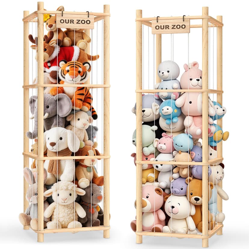 Woodure Stuffed Animal Storage & Organizer, Wooden Cute Zoo Toy Holder for Toddler Rooms, Playrooms & Bedrooms(2pcs)