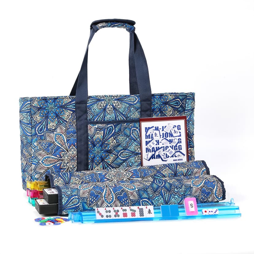 Kyerlish American Mahjong Set with 166 Blue Tiles and Racks, Mahjong Set | Blue Printed Carrying Bag, 166 Premium Tiles, 4 All-in-One Color Racks/Pushers, Mahjong Tile Set for Travel, Birthday Gifts