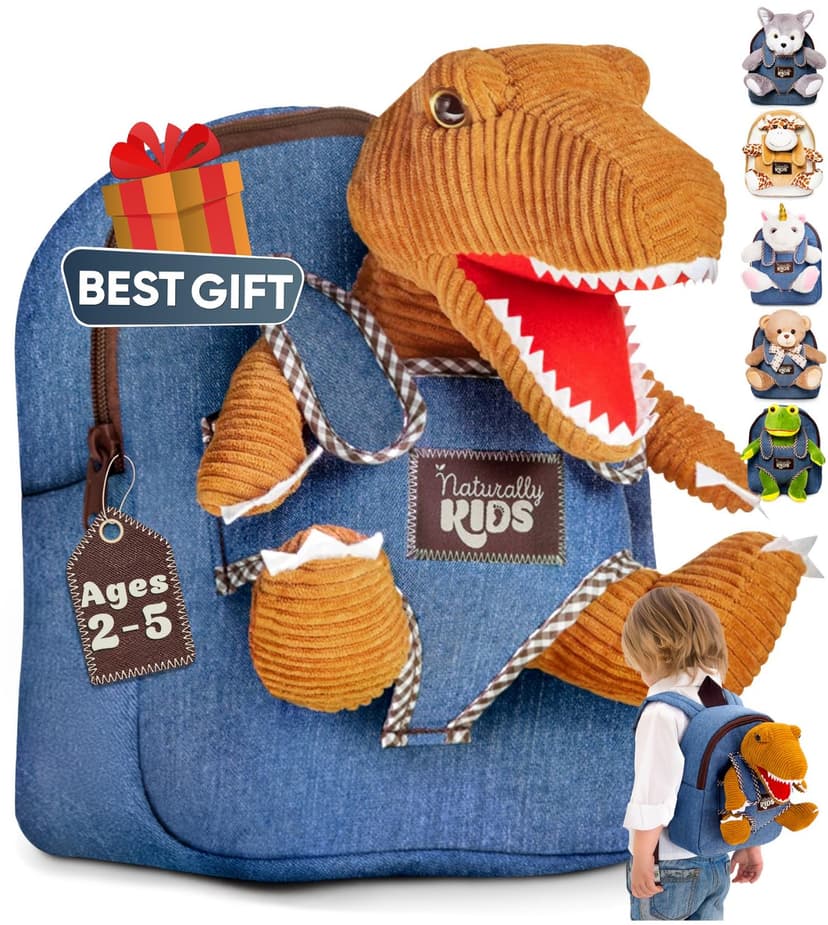 Naturally KIDS Toddler Backpack w. Plush Dinosaur Toy, Kids Gift 2 3 4 5 | 2-in-1 Dinosaur backpack, Dinosaur Toys for Kids 3-5, 2-4 in Gift-Ready Box, 2 Year Old Boy Birthday Gift & Christmas