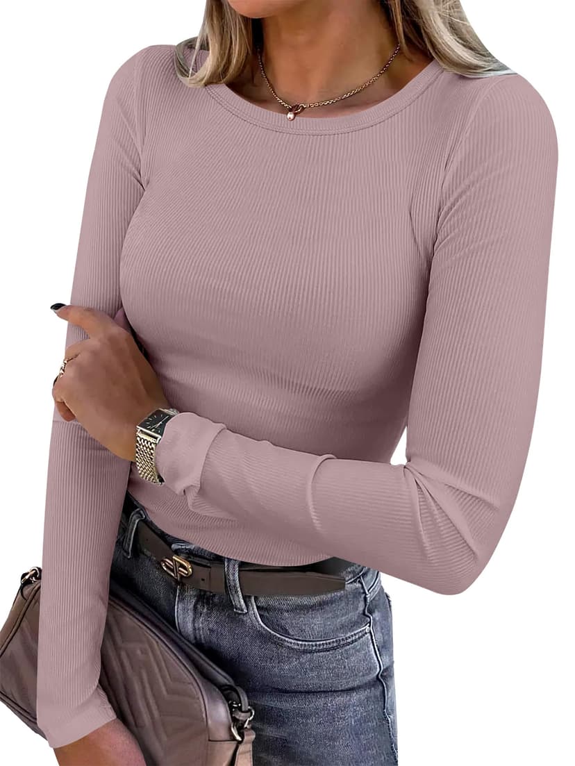 ANRABESS Women Long Sleeve Shirts Ribbed Fitted Tops | Slim Basic Tee,2026 Fall Outfits,Lightweight Knit T-Shirt,Soft Underscrub,Winter Layer Clothing,Casual Work & Everyday Wear