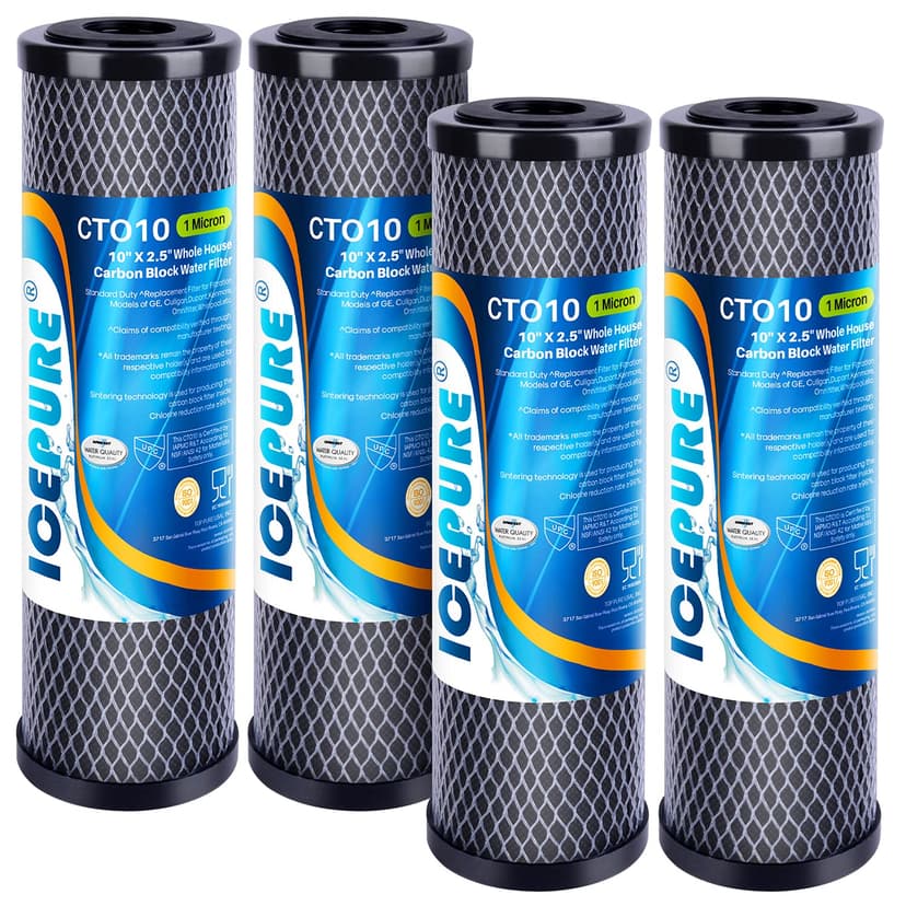 ICEPURE 1 Micron 2.5" x 10" Whole House CTO Carbon Sediment Water Filter Cartridge Compatible with DuPont WFPFC8002, WFPFC9001, SCWH-5, WHCF-WHWC, WHCF-WHWC, FXWTC, CBC-10, RO Unit, Pack of 4