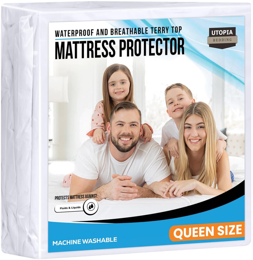Queen Size Mattress Protector Waterproof, Premium 200 GSM Terry Mattress Cover, Soft & Breathable Bed Cover, Fitted Sheet Style Stretchable Deep Pockets 17" by Utopia Bedding (White)