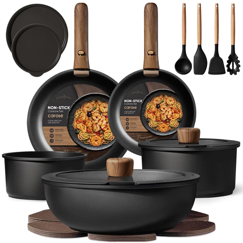 CAROTE 19pcs Pots and Pans Set Non Stick, Detachable Handle Cookware Set | Induction Compatible, Dishwasher & Oven Safe, Space Saving, for Camping/RV/Traveling, Kitchen Cooking Set, Black