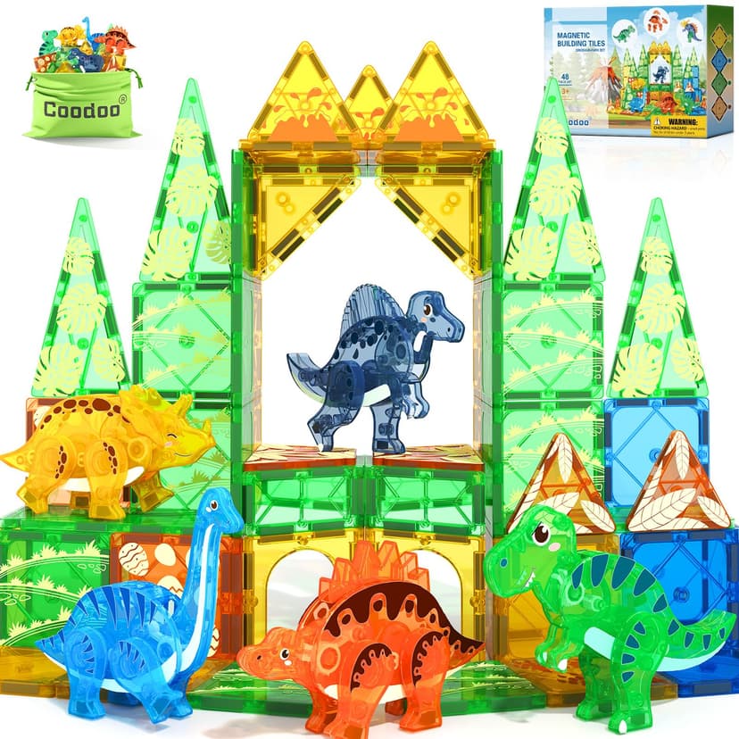 Coodoo Dinosaur Toys Magnetic Tiles 3D Movable Dinos for Kids 3-5 5-7 Toddler Outdoor Sensory Toys, STEM Educational Magnetic Blocks for 3+ Years Old Boys Girls Kids Toy