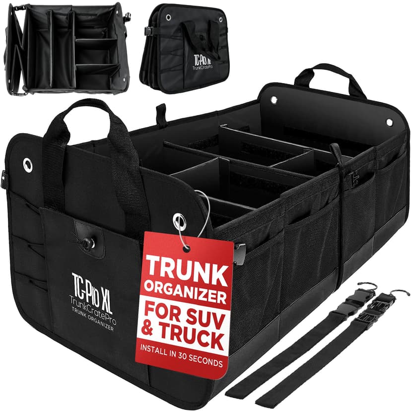 TRUNKCRATEPRO XL Heavy-Duty Trunk Organizer – Reinforced SUV & Truck Cargo Storage with 6 Adjustable Compartments, Non-Slip Base & Securing Straps (Foldable Design, Black)