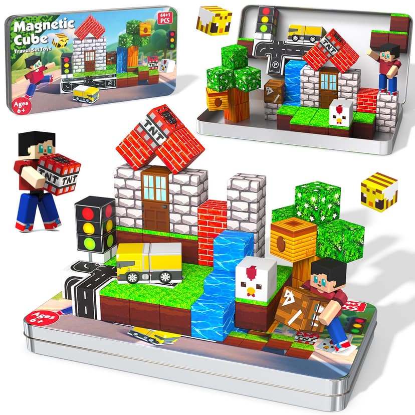 Magneverse 45 Pcs Travel Magnetic Blocks - Mini Magnetic Building Blocks | Magnet Toys for Kids Ages 4-8, Magnet Cubes Stacking Toys with Portable Metal Box, Birthday Gift for Boys Girls Ages 3+