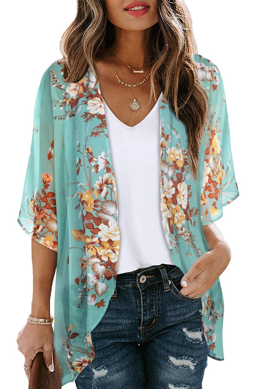 Women's Floral Print Puff Sleeve Kimono Cardigan Loose Cover Up Casual Blouse Tops 2026