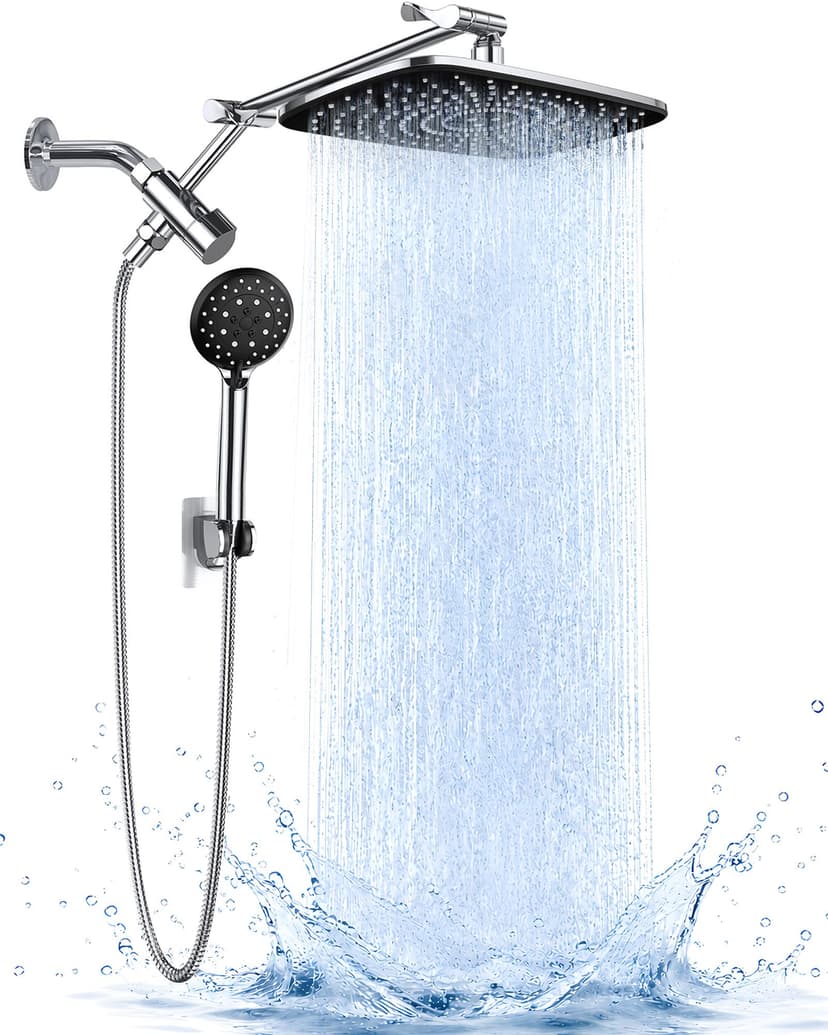 Veken 11.8" Rain Shower Head with Handheld, High Pressure Handheld Shower with Multi Spray Modes, Rainfall Combo with 15" Metal Extension Arm, Detachable Dual Shower, Bathroom Decor, Chrome Silver