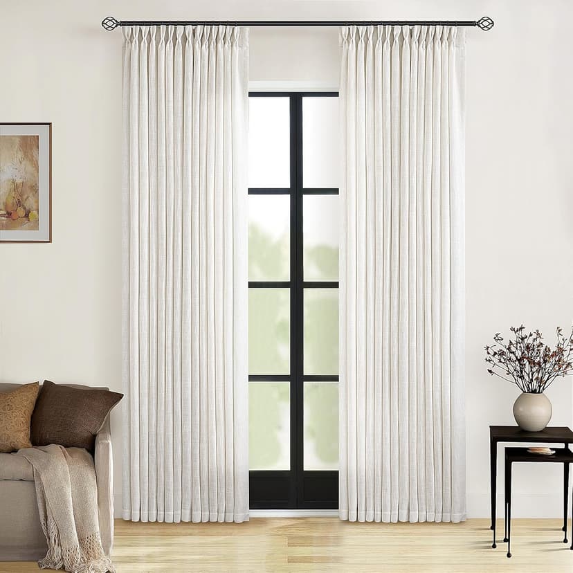 90 Inch Pinch Pleated Linen Curtains 2 Panel Set for Living Room Cream Natural Thick Linen Textured Drapes 90 Inches Long Pinch Pleat Drapes Birch Ivory Semi Sheer Curtain for Dining Bedroom Office