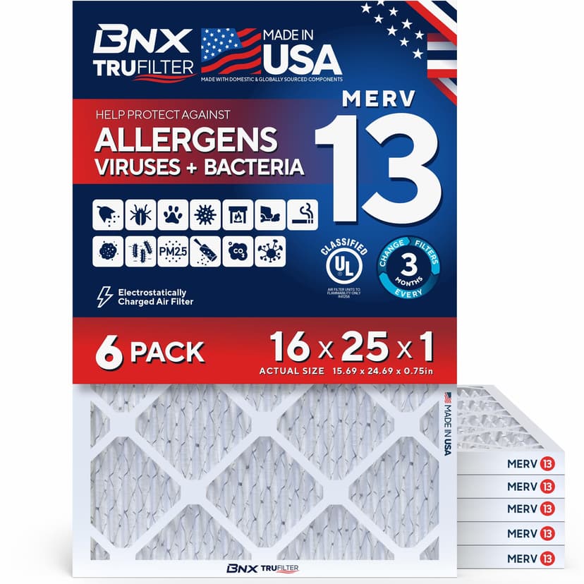 BNX TruFilter 16x25x1 Air Filter MERV 13 AC Filter, HVAC Furnace Filter, 6 Pack (ACTUAL SIZE 15.69"x24.69"x0.75") Allergies, Dust, Pet Dander & Smoke - MADE IN USA - MPR1500 / FPR 10