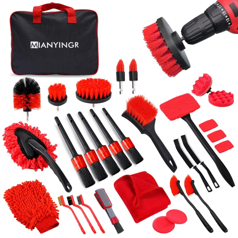MIANYINGR 32Pcs Red Car Detailing Kit – Brush Set & Cleaning Kit with Drill Brush, Polishing/Waxing Pads, Interior/Exterior Tools for Wheels & Windshield – Portable Handbag