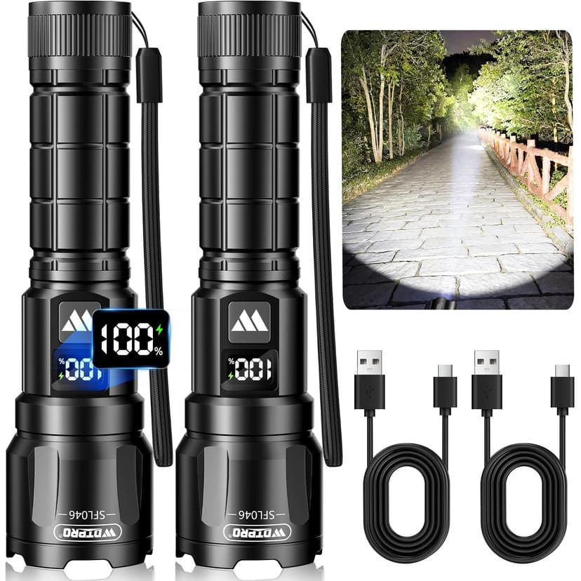 Wdtpro LED Rechargeable Flashlight 2Pack, 3Modes Super Bright High Lumens Flashlights, Zoomable Tactical Flashlight with LCD Display, IP65 Waterproof Flashlights for Home Emergency Camping & Gifts Men