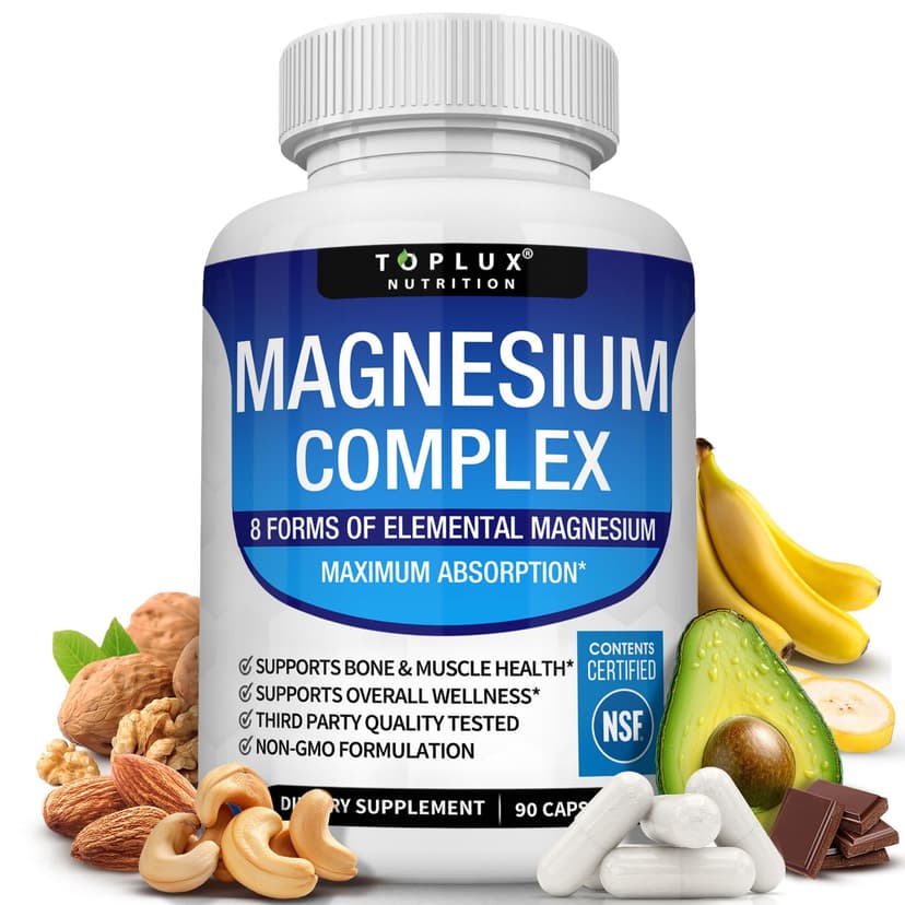 Toplux Magnesium Complex Supplement 8 Elemental - Magnesium Glycinate, Citrate, Malate, Taurate, Chelated for Easy Absorption for Bones, Muscle, Recovery, Energy, Vegan Non-GMO 90 Capsules