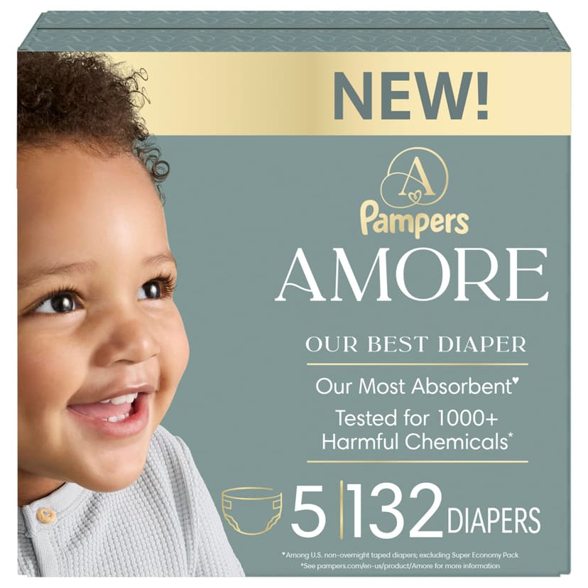 NEW Pampers Amore Diapers, Size 5, lbs (20-37 lbs), 132 Count