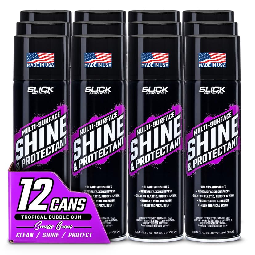 Slick Products Shine & Protectant High Gloss Coating Spray (12-Pack) | Shines, cleans, protects and renews plastic, vinyl, rubber, fiberglass, trim and tires; deep wet-look finish; UV protection
