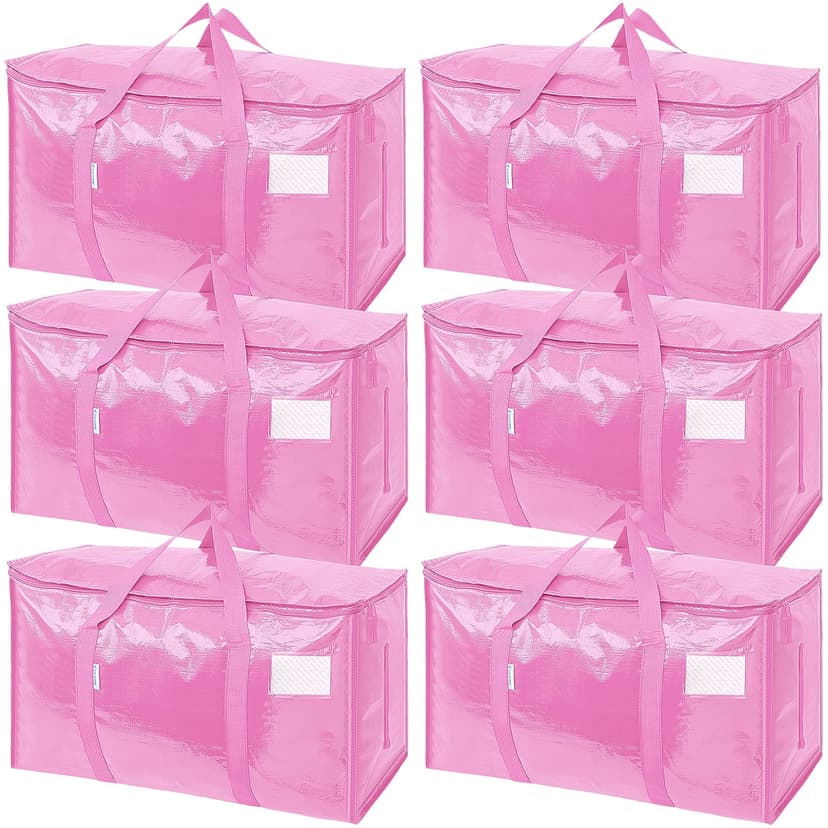 TICONN 6 Pack Extra Large Moving Bags Heavy Duty with Zippers & Carrying Handles, Durable Storage Bags Moving Boxes for Closet Organizers and Storage (6 Pack, Pink)