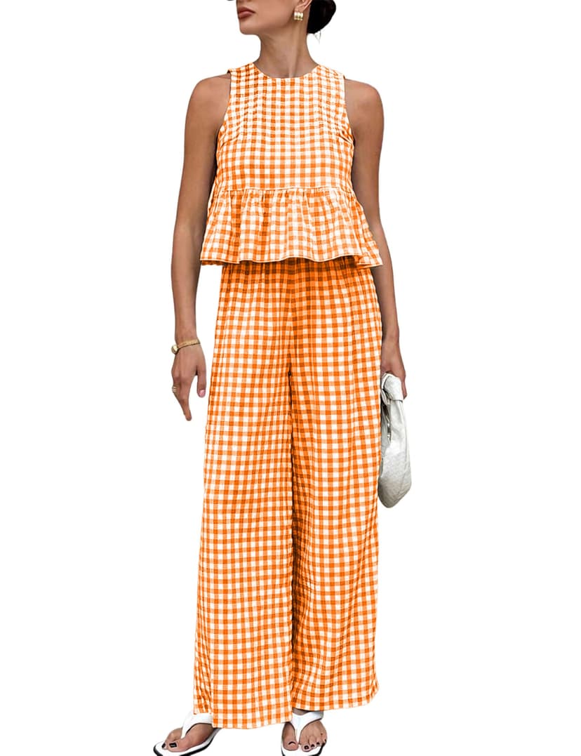 VATEAMI Womens 2 Piece Gingham Sets Sleeveless Summer Matching Sets | Gingham Plaid Ruffle Tank Tops, Wide Leg Pants, Light Breathable Cotton fabric, Cozy Vacation and Cute Summer Look Otufits