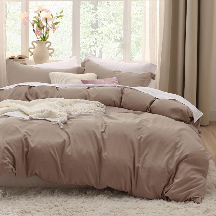 Bedsure Khaki Duvet Cover Queen Size - 3 Pieces Prewashed Cotton-Like Polyester Extra Soft Bedding Set, Includes 1 Duvet Cover 90x90 Inches with Zipper Closure & 2 Pillow Shams, Comforter Not Included